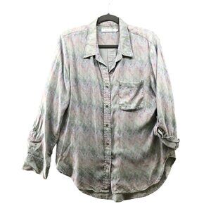 Billy T Button Down Shirt Womens M Gray Rainbow Lyocell Linen Roll Tab Boho